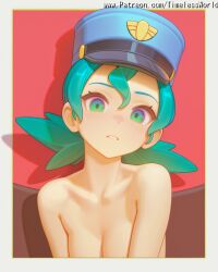 2025 ai_assisted ai_generated at background between blonde_hair blue blush body border breasts censoring cleavage collarbone colored eyes female green hair hat high_quality high_res high_resolution highres lips looking medium nintendo nude officer_jenny_(pokemon) out-of-frame parted patreon pokemon pokemon_(anime) questionable sensitive skin solo stable_diffusion timelessworld upper viewer watermark white