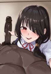 1boy 1boy1girl 1girls ai_generated aroused bed bedroom blush cheating cheating_(relationship) cheating_female cheating_girlfriend collared_shirt cowgirl_position dark-skinned_male date_a_live fat_male girthy_penis hairy_male handjob indoors interracial large_breasts large_penis licking_lips long_penis looking_at_viewer lying_on_person male/female naughty_face netorare ntr pov room school_uniform solo_focus straight testicles tokisaki_kurumi tongue veiny_penis waroffree white_shirt