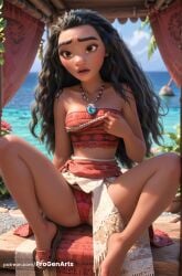 1girls ai_generated artist_name bandeau bare_shoulders barefoot black_hair blurry breasts brown_eyes curly_hair dark-skinned_female dark_skin day disney disney_princess feet forehead hi_res jewelry lips long_hair looking_at_viewer moana moana_2 moana_waialiki necklace ocean outdoors panties parted_lips patreon_username progenarts shoes sitting skirt sky solo spread_legs strapless thick_eyebrows toes tube_top underwear water web_address