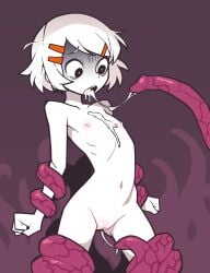 :o after_fellatio after_vaginal akableak ako_(akableak) bob_cut bound bound_legs bound_thighs bound_wrists breasts bright_pupils cleft_of_venus collarbone commentary completely_nude constricted_pupils cum cum_in_mouth cum_on_body cum_on_breasts cum_on_chest cum_string english_commentary female flat_chest gloom_(expression) groin hair_ornament hairclip highres looking_at_monster looking_at_penis navel nipples nude open_mouth original penis_tentacle petite purple_background pussy raised_eyebrows restrained ribs shaded_face short_hair solo standing surprised swept_bangs teeth tentacle tentacle_sex uncensored upper_teeth_only veiny_tentacles white_hair white_pupils wide-eyed