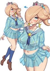 1girls areolae areolae_visible_through_clothing big_breasts blonde_hair blue_eyes blue_skirt blue_thong blush breasts close-up clothing crown ear_piercing earrings female female_only footwear full_body hair hair_over_one_eye headwear heart heart hips huge_breasts legs mario_(series) miniskirt nail_polish nails nintendo nipples nipples_visible_through_clothing parted_lips pink_nail_polish pink_nails ponytail princess_rosalina school_uniform schoolgirl schoolgirl_uniform see-through see-through_clothing shoes short_skirt skirt socks solo solo_female thighs thong tied_hair transparent_clothing yamino_ekakinin