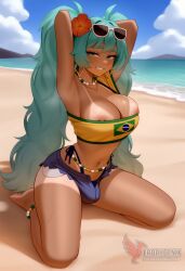 1girls 2d ai_generated aqua_hair ass barefoot big_ass big_breasts bikini bracelet brazilian_miku breasts dark-skinned_female earrings erection erophoenix eyewear_on_head feet full_body futanari grin hair_flower hair_ornament hatsune_miku huge_breasts jewelry kneeling large_penis long_hair looking_at_viewer looking_back nail_polish patreon_username penis shorts smile soles solo solo_female sunglasses swimsuit tan tellow_shirt testicles thick thick_thighs toes uncensored vocaloid