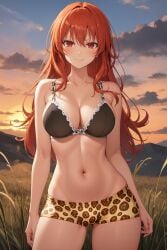 1girl ai-created ai_generated animal_print bangs bare_arms bare_shoulders black_bra black_clothes black_underwear blue_sky blush boyshort_panties boyshorts bra breasts clavicle cleavage closed_mouth clothing cloud day female female_only gluteal_fold high_resolution large_breasts leopard_print long_hair looking_at_viewer medium_breasts micro_shorts navel original original_character outdoors pantsu pixiv portrait red_eyes red_hair rena_aikawa_(pixiv_user) short_shorts shorts sky smile solo standing stomach sunset swimsuit tensor_art thighs underwear underwear_only yellow_shorts
