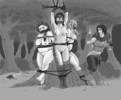 4girls bondage clothed_female_nude_female dwarf dwarf_female elf elf_female females_only gag gagged monochrome multiple_girls nude nude_female original tied_to_tree wuulfenblade