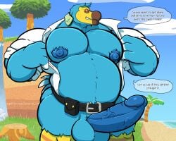2020 akita77 animal_crossing anthro anthrofied avian balls beach beak belt belt_buckle big_balls big_muscles big_nipples big_pecs big_penis bird blue_body blue_nipples blue_penis bottomless buckle clothed clothing collared_shirt columbid dialogue dodo dress_shirt electronics english_description english_text erection eyewear feather_markings feathers genitals grin headphones hi_res huge_cock humanoid_genitalia humanoid_penis light male markings mostly_nude multicolored_body musclegut muscular muscular_male nintendo nipples overweight palm_tree pecs penis plant recently_extinct_species seaside shirt sky smile solo speech_bubble stubble sunglasses sunlight tail tail_feathers text thick_arms thick_thighs topwear tree tree_stump undressing undressing_self vein veiny_penis watermark white_clothing white_shirt white_topwear wilbur_(animal_crossing)