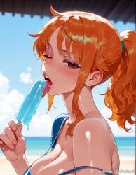 ai_generated balecxi beach blue_sky blush brown_eyes day female food from_side holding holding_food large_breasts licking looking_at_viewer nami_(one_piece) one_eye_closed one_piece orange_hair outdoors patreon_username ponytail popsicle sexually_suggestive single_bare_shoulder solo strap_slip sweat tongue tongue_out web_address