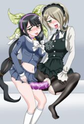 2girls apron big_penis blush chabashira_tenko danganronpa dildo green_eyes long_hair maid pleasured pussy_juice ribbon sideboob skirt straight straight_hair tai_miso tongue tongue_out toujou_kirumi vaginal yuri