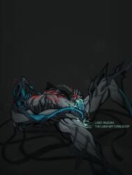 female glowing glowing_eyes horns lying on_back sitting skull solo