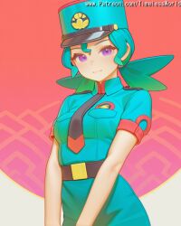 2025 ai_assisted ai_generated arms at belt black blue blush breasts buckle closed collared colored english eyes female green hair hat headwear high_quality high_res high_resolution highres looking medium mouth necktie nintendo officer_jenny_(pokemon) patreon pink pokemon pokemon_(anime) police sensitive shirt short skin skirt sleeves smile solo stable_diffusion text timelessworld twintails uniform v viewer watermark yellow