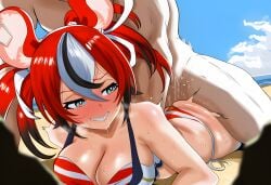 1boy 1girls ai_generated ass blue_eyes blush boy_on_top hakos_baelz hololive hololive_english large_breasts mouse_ears mouse_girl red_bikini red_hair sex sharp_teeth straight sweat swimsuit virtual_youtuber
