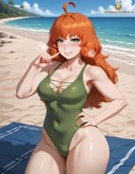 ai_generated android android_girl beach blush blush busty finger_on_chin ginger ginger_hair green_eyes hand_on_hip large_ass large_breasts one-piece_swimsuit orange_hair penny_polendina pose posing posing_for_the_viewer rwby sweat sweating swimsuit swimwear tagme tight_clothing twistedpeach visible_breath voluptuous_female wide_hips