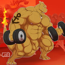 2017 3_toes 4_fingers abs anthro anthrofied balls barefoot biceps big_muscles biped blue_eyes brown_horn brown_scales brown_tail charizard charkonian_graotl_ard clenched_teeth clothed clothing danandnite detailed_background digital_media_(artwork) dragon dumbbell exercise eye_scar facial_scar fan_character flaccid flaming_tail foreskin front_view full-length_portrait gym holding_object horn humanoid_penis inside jewelry long_tail male male_only muscular muscular_male navel necklace nintendo nipples nude pecs pendant penis pink_nipples pokémon_(species) pokemon pokemon_(species) pokemorph portrait quads scales scalie scar signature snout solo standing tattoo teeth thick_tail toes topless uncircumcised uncut video_games weightlifting weights workout