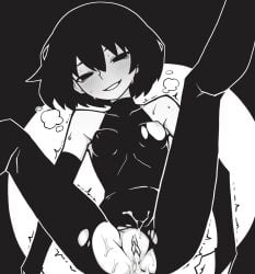 ^^^ after_sex after_vaginal akableak bare_shoulders black_background black_bodysuit black_gloves black_hair blush bob_cut bodysuit breasts bridal_gauntlets clitoral_hood covered_collarbone covered_nipples cum cum_in_pussy cum_on_clothes elbow_gloves female foot_up gloves greyscale hair_between_eyes highres leg_up looking_at_viewer monochrome monogatari_(series) narrowed_eyes nipples oshino_ougi outline parted_lips pussy short_hair sleeveless sleeveless_bodysuit small_breasts smile solo spasm spread_legs steam steaming_body sweat torn_bodysuit torn_clothes uncensored very_sweaty white_background white_outline wide_spread_legs