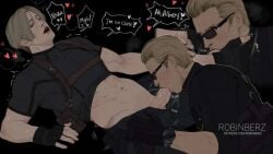 2d age_difference albert_wesker blonde_hair blowjob dialogue gay gay_blowjob leon_scott_kennedy male male/male oral pushing_head red_eyes resident_evil robinberz sunglasses tagme