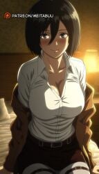 ai_generated attack_on_titan bed belt black_eyes black_hair blush breasts brown_jacket cleavage collarbone collared_shirt dress_shirt female hair_between_eyes indoors jacket lamp large_breasts looking_at_viewer meitabuu mikasa_ackerman off_shoulder on_bed open_clothes pants paradis_military_uniform pillow shingeki_no_kyojin shirt short_hair sitting skirt smile solo thigh_strap white_shirt