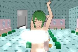 1girls 3d bathroom bathroom_floor bathroom_tiles bathroom_wall blossomtea bracelet breasts bucket censored closed_eyes closed_mouth closed_mouth_smile convenient_censoring green_hair grey_bracelet indoors large_breasts mirror nude ponytail saori_sato school_girls_supervisor self_upload smile steam_censor stretching yandere_simulator