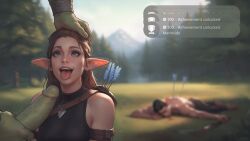 achievement adventurer ai_generated arrow betrayal corpse cuckolding elf elf_ears elf_female headpat impending_blowjob looking_up macfiz mariticide ntr orc orc_male tongue_out twitching_ear willing