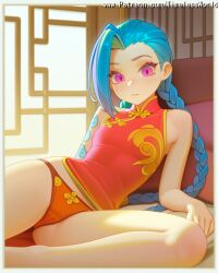 (league 2025 ai_assisted ai_generated arcane arms at bangs bare blonde_hair blue blush border braid braids breasts china chinese closed clothes colored dress eyes female hair high_quality high_res high_resolution highres indoors jinx jinx_(arcane) jinx_(league_of_legends) league_of_legends legends) long looking lying mouth of on panties patreon pink sensitive shiny shoulders side skin sleeveless small solo stable_diffusion tattoo timelessworld twin underwear viewer watermark white window