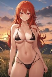 1girl ai-created ai_generated bangs bare_arms bare_shoulders beach bikini black_bikini black_swimsuit blue_sky blush breasts cameltoe clavicle cleavage closed_mouth clothing cloud day evening female female_only gluteal_fold gradient_sky groin halterneck high_resolution large_breasts long_hair looking_at_viewer medium_breasts micro_bikini multi-strapped_bikini navel ocean orange_sky original original_character outdoors pixiv portrait red_eyes red_hair rena_aikawa_(pixiv_user) skindentation sky smile solo standing stomach string_bikini sunset swimsuit tensor_art thigh_gap thighs tree water