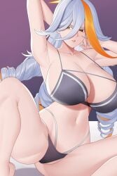 armpits arms_behind_head aslindsamure baldr_(fire_emblem_heroes) bare_legs bare_shoulders bare_thighs fire_emblem fire_emblem_heroes halo large_breasts nintendo orange_eyes orange_hair thighs underwear white_hair yellow_eyes
