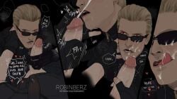 2d age_difference albert_wesker blonde_hair cum cum_in_mouth cum_on_face cumshot dialogue gay gay_blowjob handjob leon_scott_kennedy licking_cum licking_lips red_eyes resident_evil robinberz sunglasses tagme