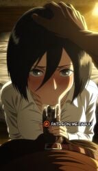 1boy :>= ai_generated attack_on_titan bed bedroom belt black_eyes black_hair blush breasts collared_shirt cum cum_in_mouth cum_overflow dark-skinned_male dark_penis dark_skin dress_shirt erection fellatio female grey_eyes hair_between_eyes hand_on_another's_head indoors interracial large_penis long_sleeves looking_at_viewer medium_breasts meitabuu mikasa_ackerman nose_blush open_fly oral penis penis_grab pov pov_crotch shingeki_no_kyojin shirt short_hair solo_focus straight uncensored veins veiny_penis very_dark_skin white_shirt
