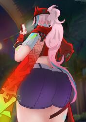 ass background butt_focus cap honkai:_star_rail honkai_(series) jacket nyamel pink_hair rappa_(honkai:_star_rail) short_jacket shorts skin smartphone white_skin