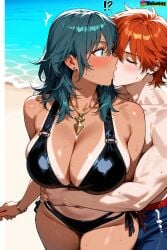 1boy 1girls absurd_res absurd_resolution absurdres ai ai_generated big_breasts black_nail_polish breasts byleth_(fire_emblem) byleth_(fire_emblem)_(female) curvaceous curvy curvy_body curvy_female curvy_figure dark_green_hair deep_skin eyelashes female fire_emblem fire_emblem:_three_houses green_hair hi_res high_quality high_resolution highres hug hug_from_behind kissing male mature mature_female pale-skinned_female self_upload skindentation student_and_teacher surprise surprised surprised_expression sweat sweating swimsuit sylvain_jose_gautier tan tan_body tan_skin tanline teal_hair toned toned_female velutinx voluptuous voluptuous_female watermark wide_hips