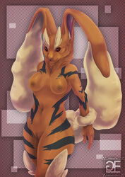 1girls abstract_background alternate_color anthro anthrofied arcanine big_ears breasts canine female fur furry goldenemotions hi_res hybrid lagomorph looking_at_viewer lopunny mammal neck_tuft nintendo nipples nude original_character pokemon pokemon_(species) pokemon_dppt pokemorph pussy red_eyes smile solo stripes text tuft uncanny_valley video_games watermark wide_hips