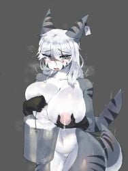 3:4 absurd_res animal_humanoid anthro big_breasts blush bodily_fluids breast_grab breast_squish breasts changed_(video_game) clothing digital_media_(artwork) female fish fish_humanoid genital_fluids genitals gloves goo_creature hand_on_breast handwear hi_res holding_breast huge_breasts humanoid lactating leaking leaking_pussy mammal marine marine_humanoid milk nipple_fetish nipple_pinch nipple_play nipples non-mammal_breasts nude open_mouth pinch pussy_juice_leaking shark shark_humanoid simple_background solo squish stripes tail tiger_shark_(changed) tongue tongue_out unknown_artist vaginal_fluids vaginal_penetration white_body