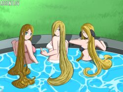 3girls back bikini bikini_top blonde_hair blue_eyes breasts brown_hair cynthia_(pokemon) female green_eyes grin hair_down hair_over_one_eye large_breasts long_hair looking_at_viewer looking_back medium_breasts multiple_girls nintendo partially_submerged pokemon pool sideboob smile swimsuit very_long_hair wading wading_pool water