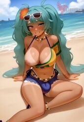 1girls 2d ai_generated aqua_hair ass barefoot big_ass big_breasts bikini bracelet brazilian_miku breasts dark-skinned_female earrings erection erophoenix eyewear_on_head feet full_body futanari grin hair_flower hair_ornament hatsune_miku huge_breasts jewelry kneeling large_penis long_hair looking_at_viewer looking_back nail_polish patreon_username penis shorts smile soles solo solo_female sunglasses swimsuit tan tellow_shirt testicles thick thick_thighs toes uncensored vocaloid