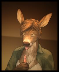 anthro brown_background brown_fur brown_hair cervine closed_eyes clothed clothing deer disembodied_penis drooling elfantastico female fur hair male mammal penis saliva simple_background solo_focus tongue tongue_out white_fur