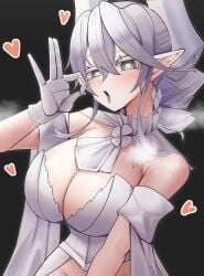 1girls actancyaga ahe_gao blowjob blowjob_face blush breasts clothing demon demon_girl demon_horns duel_monster earrings female gloves heart hi_res horny konami labrynth_of_the_silver_castle looking_at_viewer lovely_labrynth_of_the_silver_castle no_bra open_mouth princess silver_eyes smile solo tongue_out twintails white_hair yu-gi-oh!
