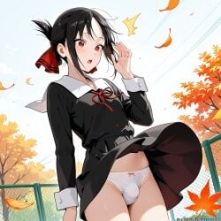 1boy accidental_exposure ai_generated black_dress black_hair bulge dress_lift femboy flat_chest genderswap_(ftm) kaguya-sama_wa_kokurasetai_~tensai-tachi_no_renai_zunousen~ outdoors panties red_eyes ribbon rule_63 shinomiya_kaguya shuuchiin_academy_school_uniform solo standing surprised tagme tehmar trap wind