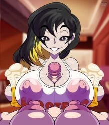 1futa 1girls alcohol beer big_breasts binah black_hair commissioner_upload futa_on_female futanari holding_beverage hooters library_of_ruina light-skinned_female light-skinned_futa light_skin lobotomy_corporation nipples_visible_through_clothing no_sound outercourse paizuri paizuri_under_clothes penis pov project_moon sex shadowthespirit smiling smiling_at_viewer tagme titjob video ych ych_commission yellow_highlights
