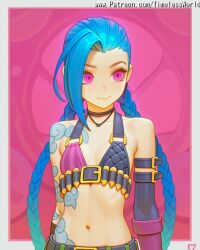(league 2025 ai_assisted ai_generated arcane arm artist asymmetrical bangs bare belt bikini blonde_hair blush body border braid braids breasts brown bullet choker closed collarbone colored eyes female gloves hair high_quality high_res high_resolution highres jewelry jinx jinx_(arcane) jinx_(league_of_legends) league_of_legends legends) long mouth name navel of patreon pink sensitive shiny shoulders skin small solo stable_diffusion stomach swimsuit tattoo timelessworld twin twintails upper very watermark white