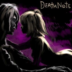 2girls death_note female homosexual human misa_amane multiple_girls purple_background rem_(death_note) shadow shinigami silhouette tagme yuri