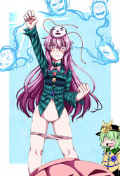 2girls arm_up blush fox_mask green_hair hat hat_ribbon hata_no_kokoro koishi_komeiji kuon_yashiro long_hair mask multiple_girls new_hokkai new_mask_of_hope noh_mask panties panty_pull pink_eyes pink_hair ribbon skirt skirt_removed third_eye touhou underwear