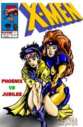 2girls asian blue_hair escoria female female_only interracial jean_grey jubilee long_hair marvel multiple_girls red_hair short_hair straight_hair x-men