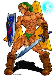 00s 2000 2000s abs artist_request biceps blade bodybuilder cum erect_nipples leaking_cum link link_(ocarina_of_time) male male_only muscle muscles navi nintendo ocarina_of_time pecs penis serratus_anterior simple_background solo straight_hair sword the_legend_of_zelda weapon white_background