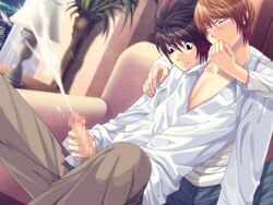 anime_style blush censored cum cumming death_note fingers_in_mouth fully_clothed gay gay_sex handjob l_lawliet light_yagami male male/male male_only orgasm penis_out smile tagme yaoi