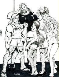 2girls 3boys artist_name betsy_braddock black_and_white clothed clothed_female clothed_male clothes clothing crop_top dash_riprock facial_hair female footwear gambit goatee headband homo_superior james_howlett long_hair looking_at_viewer lucas_bishop male marvel marvel_comics monochrome mutant no_pupils ororo_munroe panties pointing ponytail psylocke remy_lebeau sandals shoes short_hair shorts standing storm_(x-men) straight_hair superhero superheroine tank_top tattoo uncensored underwear very_long_hair white_eyes wolverine_(x-men) x-men