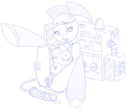 1girls 2d alternate_breast_size blush dildo female gforce humanoid jenny_wakeman monochrome my_life_as_a_teenage_robot pussy robot robot_girl robot_humanoid see-through smooth_skin solo tagme teenager xj-9