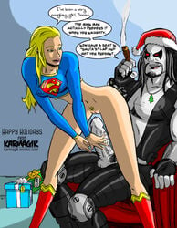 1boy 1girls artist_name big_penis black_hair blonde_hair blue_eyes bottomless chair christmas christmas_present cigar color colored czarnian dark_hair dc_comics dialogue english english_text erect erect_penis erection facial_hair fingerless_gloves footwear hat huge_cock huge_penis imminent_penetration kara_zor-el karmagik kryptonian large_penis light-skinned_female light_skin lipstick lobo_(dc) long_hair long_penis looking_back makeup navel necklace nipple_bulge no_panties penis pink_lips pink_lipstick pubic_hair pussy red_eyes santa_hat signature sitting smoking speech_bubble supergirl superheroine superman_(series) tagme text thick_penis uncensored vaginal vest white_skin wwoec