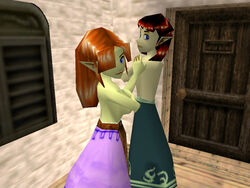 3d anju aphius blue_eyes breasts clothing covered_breasts covering_breasts cremia dress female female_only looking_at_viewer looking_back low_poly lowpoly majora's_mask nintendo red_hair sideboob skirt straight_hair the_legend_of_zelda topless