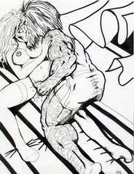 breasts closed_eyes clothes dash_riprock female hair hairy human indoors james_howlett jean_grey kissing long_hair male marvel monochrome muscles mutant nipples short_hair shorts straight straight_hair tagme topless wolverine_(x-men) x-men