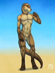 1boy 2014 anthro balls digitigrade ear_piercing kiva looking_at_viewer male male_only mammal mustelid navel necklace nude otter piercing pose sheath simple_background slim smile solo toned tsaiwolf whiskers yellow_eyes