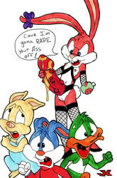 anthro babs_bunny bird bottomless buster_bunny dildo duck fear female fishnet_stockings fishnets fur furry furry_ears furry_tail hamton_j_pig imminent_rape interspecies jk looking_back lubricant male mammal nipples open_eyes pig plucky_duck rabbit running sex_toy standing strap-on tail tiny_toon_adventures uncensored