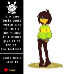 1boy 1girls arms_behind_head balls brown_hair choice cyanu deltarune dialogue dialogue_box dressed enby english_text exhibitionism huge_balls huge_cock humping_air hyper hyper_balls hyper_genitalia hyper_penis kris_(deltarune) kris_(light_world_form) noelle_holiday nude part_1 penis small_but_hung solo speech spread_legs tagme undertale_(series) yellow_body